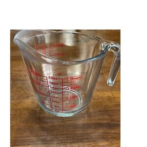 Anchor Hocking Glass Measuring Cup 4 Cup 1 Quart 32oz Red Graphics Clear USA